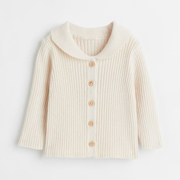 H&M kids cardigan sweater ribbed cotton top button down collar beige toddler - Picture 7 of 7